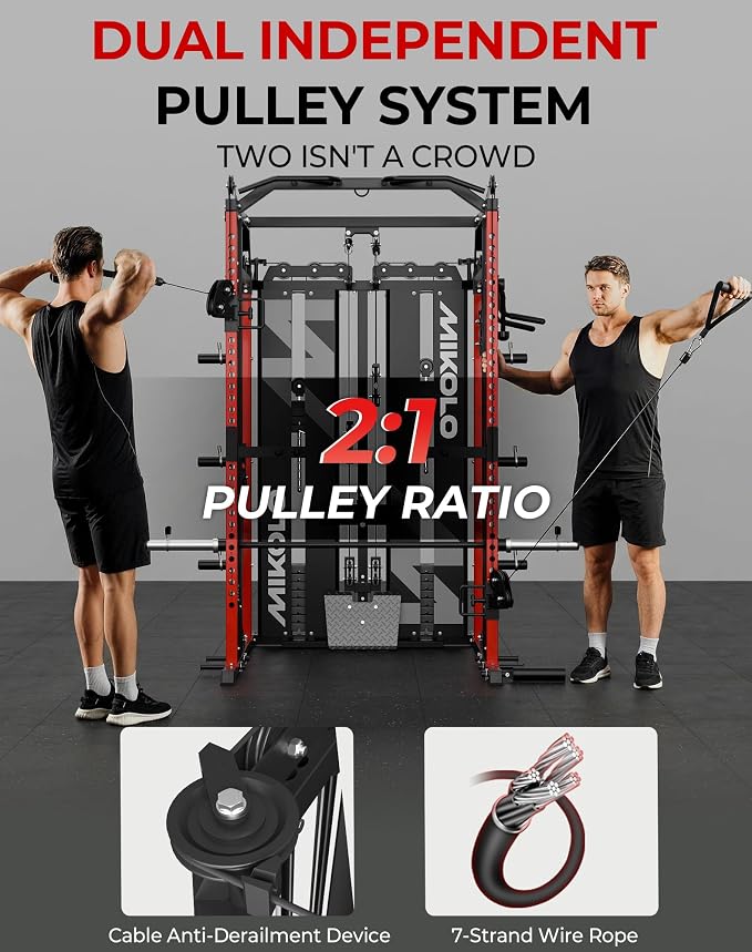 Mikolo Smith Machine with Weight Stack, Power Cage Home Gym System with LAT Pulldown & Cable Crossover, Multi-Functional Trainer with Dual Pulley System, Includes 10+ Free Attachments