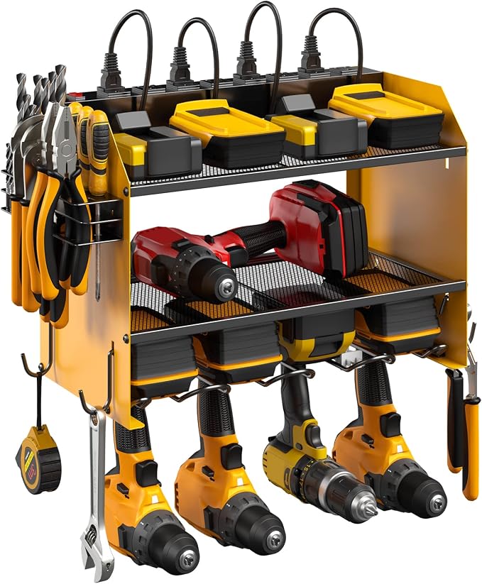 CCCEI Wall Mount Modular Tool Charging Organizer, Yellow, 1 Pack, 3 Tier. | Drill Battery Storage Rack with Hooks, Garage Workshop, Gifts for Men, Dad, Husband Anniversary, Birthday, Christmas