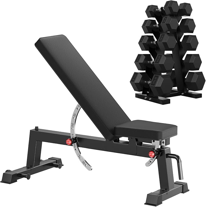 HANDBODE Adjustable Weight Bench, 1500 lb Incline Workout Bench, Home Gym | 0 To 85 Degree Backrest, Three Seat Angles, Steel Frame, Wheels And Handle, Foldable Storage, Chest Presses, Dumbbell Rows