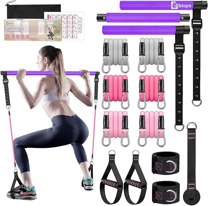 Bbtops Pilates Bar Kit with Resistance Bands,Pilates Bar with Stackable Bands Workout Equipment for Legs,Hip,Waist and Arm,Exercise Fitness Equipment for Women & Men Home Gym Yoga Pilates