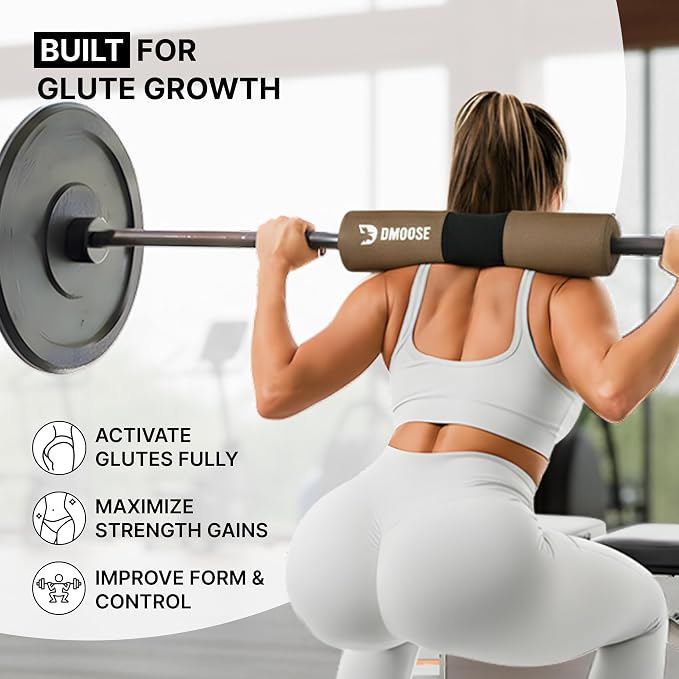 DMoose Fitness Barbell Pad for Hip Thrust, Squat & Lunges - Non-Slip Thick Foam Cushion for Neck and Back Support with Two Straps - Hip Thrust Pad for Leg Day - Fits All Olympic Bars and Smith Machine