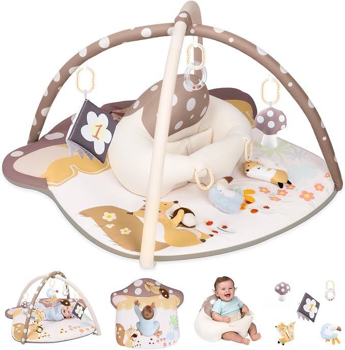 3-in-1 Baby Play Mat & Baby Seats for Infants for Sitting Up, Tummy Time Gym Activity Mat with 5 Detachable Toys, for Babies 0-6-12-18 Months, Newborn Babies Shower Gifts(Khaki)