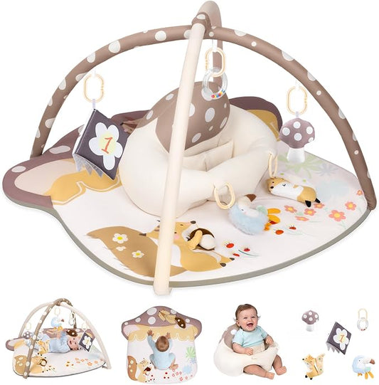 3-in-1 Baby Play Mat & Baby Seats for Infants for Sitting Up, Tummy Time Gym Activity Mat with 5 Detachable Toys, for Babies 0-6-12-18 Months, Newborn Babies Shower Gifts(Khaki)