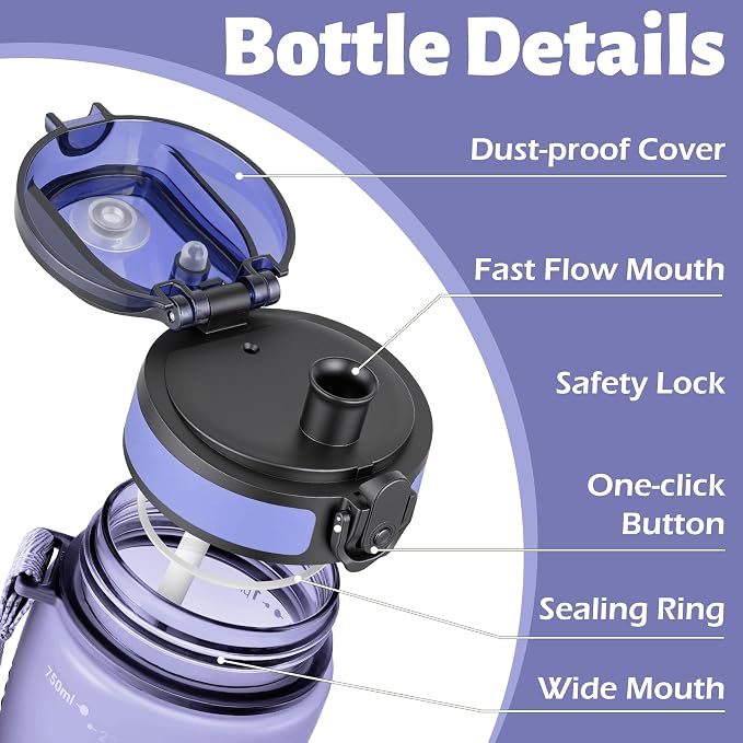 OLDLEY 25 oz Water Bottle, Motivational Water Bottle with Time Marker, Sports Water Bottle With Strap, Leakproof & BPA Free Large Water Bottles for School, Gym, Travel, Outdoor, Tritan,Purple