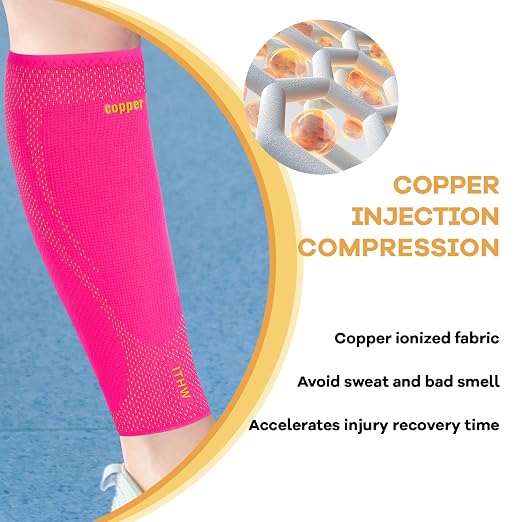 Copper Calf Compression Sleeves for Men & Women - High Stretch | Graduated Compression with Anti-Slip Grip | Breathable & Smooth Lining Footless Design for Runner, Shin Splints, Leg Fatigue