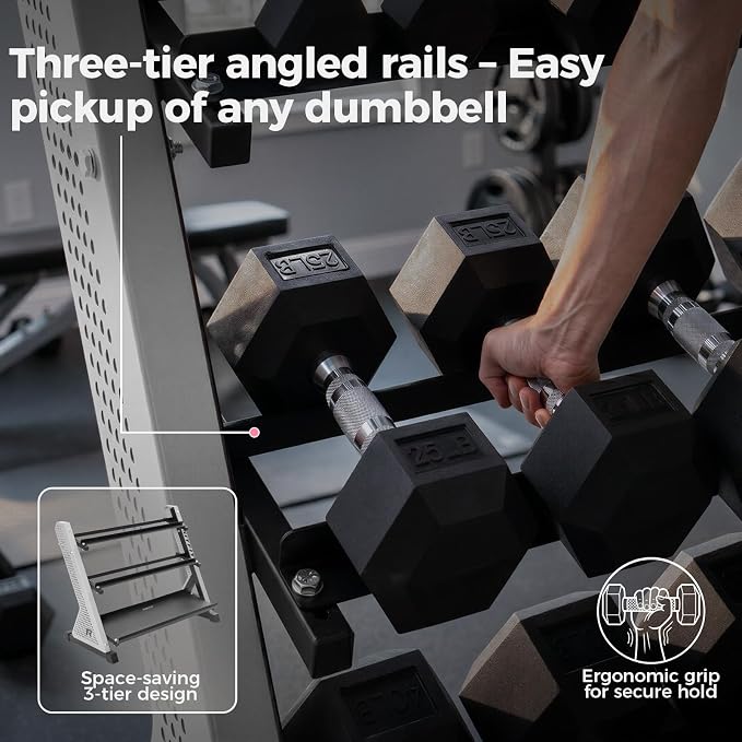 RitFit Rubber Hex Dumbbell Weight Set with 3-Tier Dumbbell Rack | Anti-Slip Knurled Chrome Handle,Cast Iron,Hexagon Anti-Roll Design,1000LB Capacity Heavy Duty Steel Rack for Home Gym