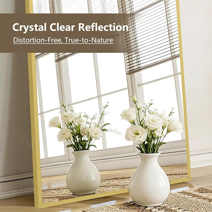 Mirrorons 56"x18" Full Length Mirror, Floor Standing or Wall Mounted with Hanging Kit, Shatterproof Tempered Glass Mirror for Living Room, Bedroom, Dressing Room, Gym (Gold)