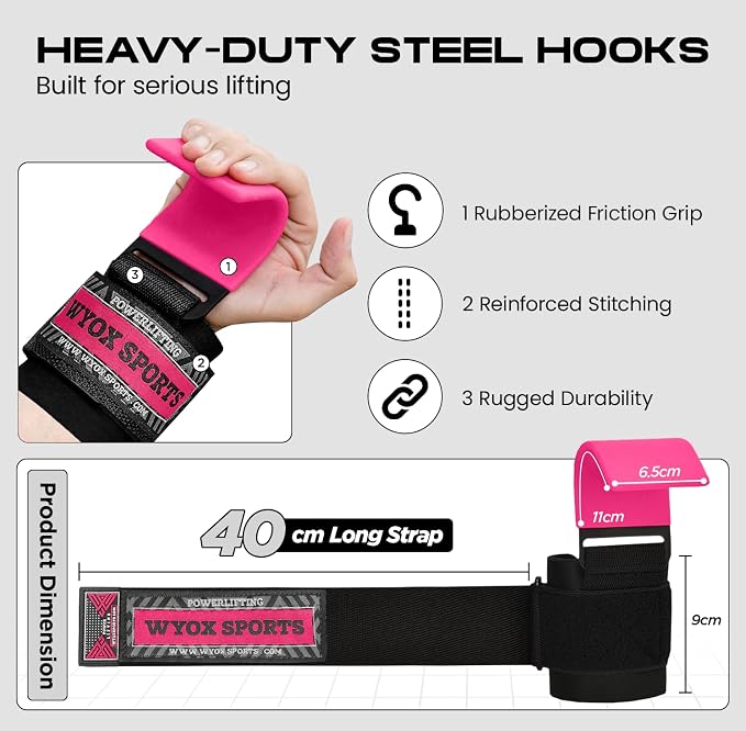 Weight Lifting Hooks for Men & Women – Heavy Duty Gym Hooks with 8mm Padded Wrist Support Grips to Lift Heavier, Reduce Grip Fatigue & Improve Performance for Deadlifts, Pull Ups & Rows, Pair of 2