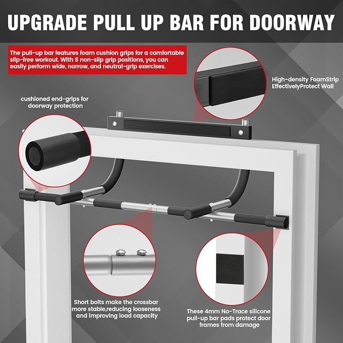 TOPOKO Pull Up Bar for Doorway, Heavy Duty Chin Up Station for Home Gym, Multi-Grip or Adjustable Door Frame Exercise Equipment for Upper Body Strength Training
