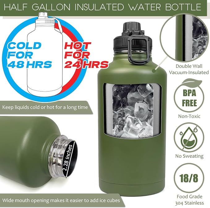 DEFUNX 64 Oz Water Bottle with Sleeve - Military Green Half Gallon Insulated Water Jug with Handle - Stainless Steel Sports Bottle for Gym Workout Hiking Camo Black Pouch