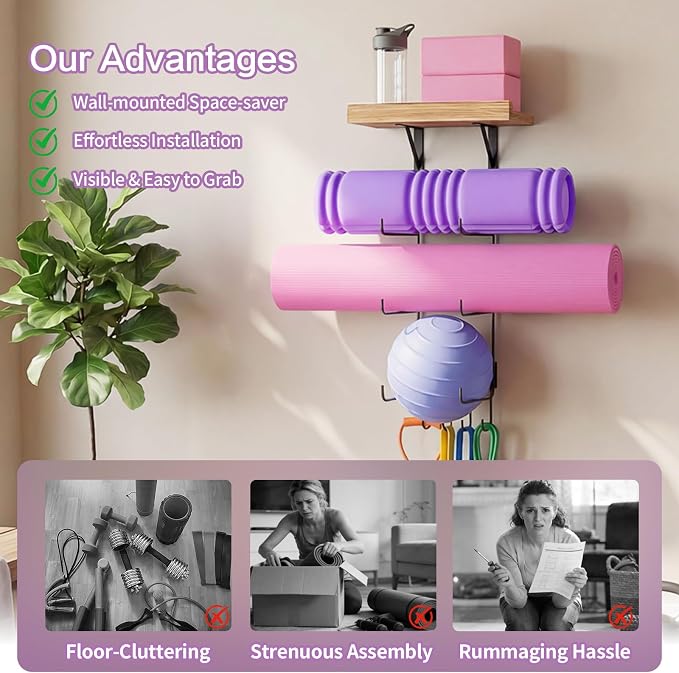 Bikoney Yoga Mat Holder Wall Mount Yoga Mat Storage Home Gym Accessories with Wood Floating Shelves and 4 Hooks for Hanging Foam Roller and Resistance Bands Fitness Home Gym Carbonized Black