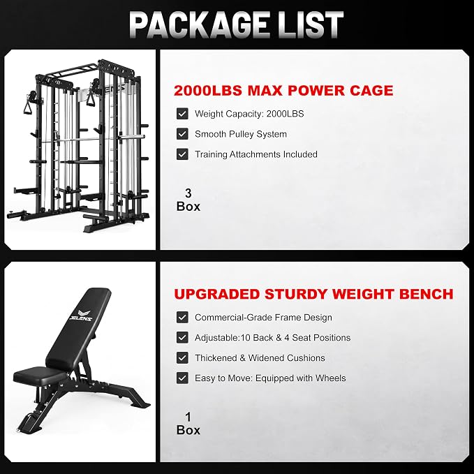 JELENS Smith Machine for Home Gym, Multi-Function M12 Power Cage with Cable Crossover System, Squat Rack with Smith Bar and More Attachment