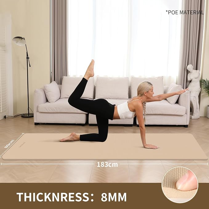 Extra Wide & Thick 8mm Yoga Mat, 72"x31.5" | Large Non Slip Exercise Mat, Premium POE Material, Superior Cushioning & Stability, With Strap for Home Gym, Pilates