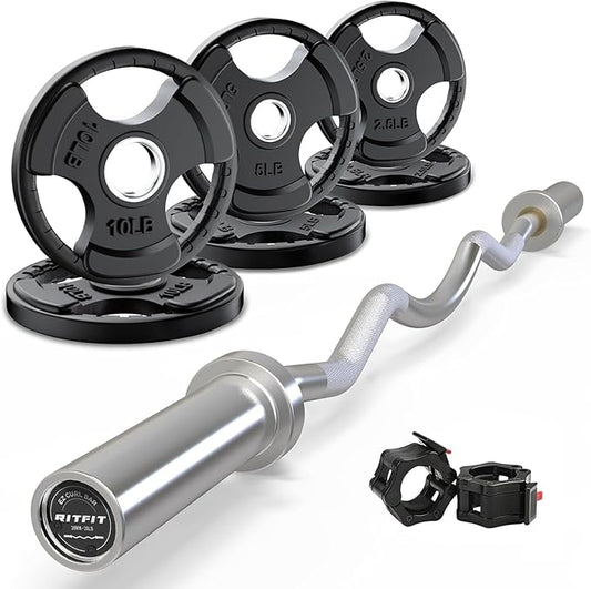 RitFit 2 Inch EZ Curl Bar Olympic Barbell with Weight Plates & Collar | 4FT EZ Curl Bar Olympic Barbell with Collars for Bicep, Tricep Workout, Weightlifting, 350LBS Weight Capacity