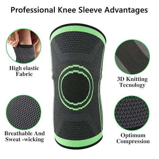 Knee Compression Sleeve For Women Men, Knee Braces for Knee Pain, Running Knee Brace, Knee Support For Knee Joint Pain (Gray with Green, Medium)