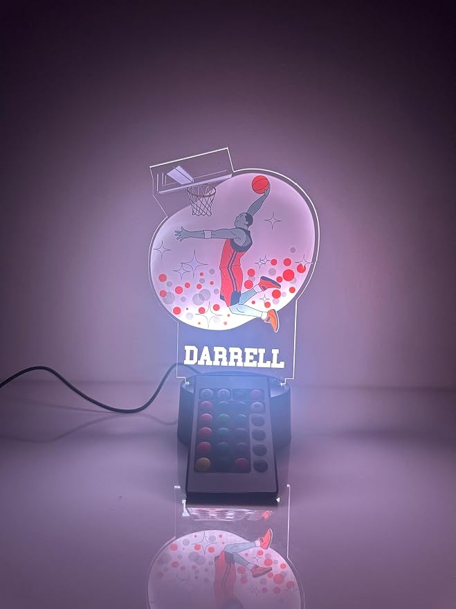 MIRROR MANIA American Basketball Sports Fan Player Dunking Slam Dunk Shot Team Sports Themed Ball Lamp Night Light LED Personalized Free Name B-Ball Room Decor 16 Color Options, Made in America!