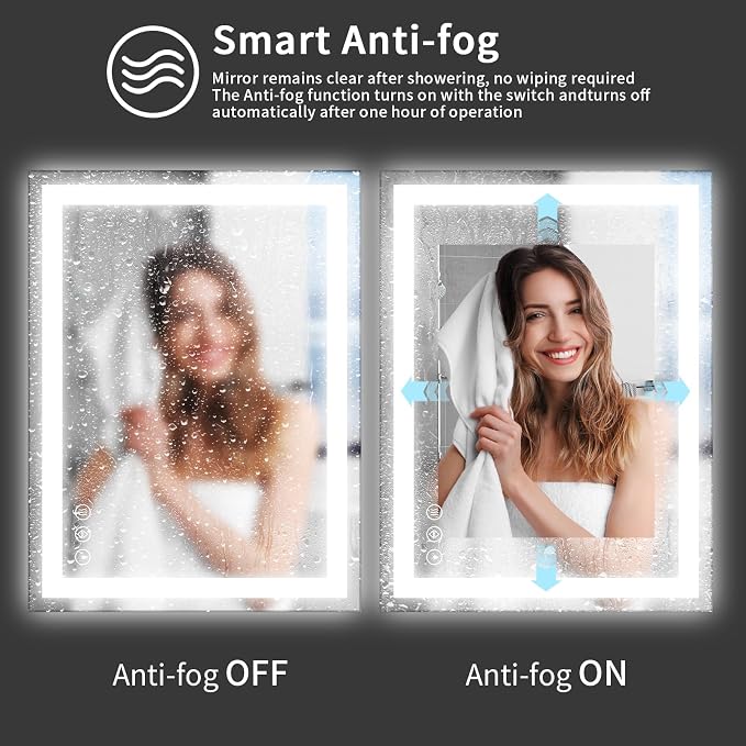 Koonmi 38x26 LED Bathroom Mirror with Light, Anti-Fog, 3 Colors | Backlit + Front Lit, Dimmable Brightness, Shatterproof HD Distortion-Free Tempered Glass, Hardware Included