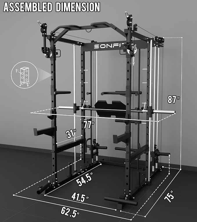 Eonfit E5 Smith Machine with Leg Press for Home Gym | Functional Trainer Power Rack Power Cage With Pivot Arms Lat Cable Crossover Pulley System All In One For Garage Apartment