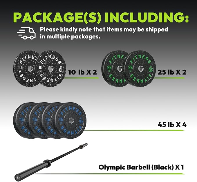 HANDBODE Olympic Barbell Set, 2-Inch Bumper Plates with Weight Plate Rack | Colored Crumb Rubber Weight Plates for Weight Lifting & Strength Training, 90–530 lb Set with 45 LB (20 kg) Olympic Barbell