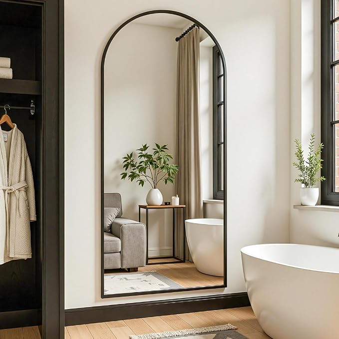 Full Length Mirror, 71"x28" Arched Full Body Mirror, Floor Mirrors with Stand, Body Mirrors Standing Hanging Leaning Against Wall,Aluminum Frame Mirrors for Bedroom Cloakroom,Living Room,Black