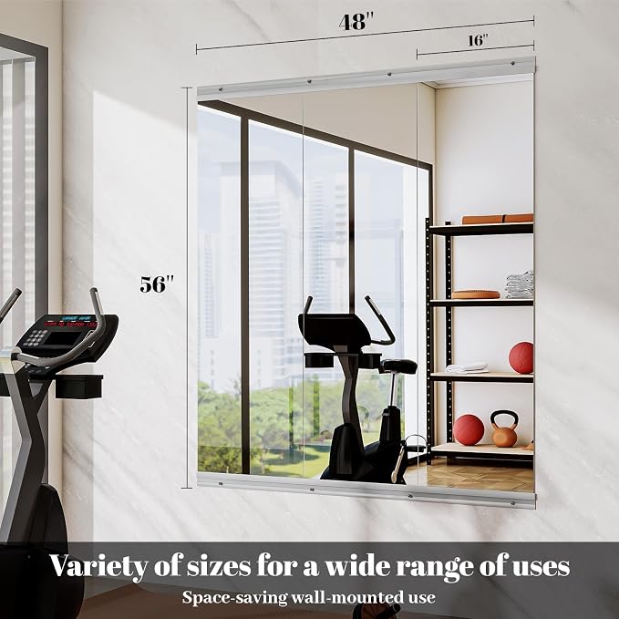 VooBang Home Gym Mirror 3 PCS 16"×56", Frameless Wall Mirror Full Length | Shatterproof Tempered Glass Large Body Mirror Hanging for Dancing Studio, Exercise, Fineness, Yoga
