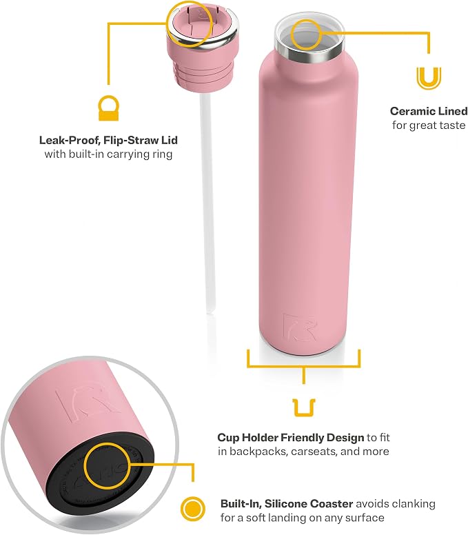 RTIC 26oz Journey Water Bottle, Ceramic Lined, Dusty Rose | Stainless Steel Metal, Insulated for Hot and Cold Drinks, Sports, Travel and Camping