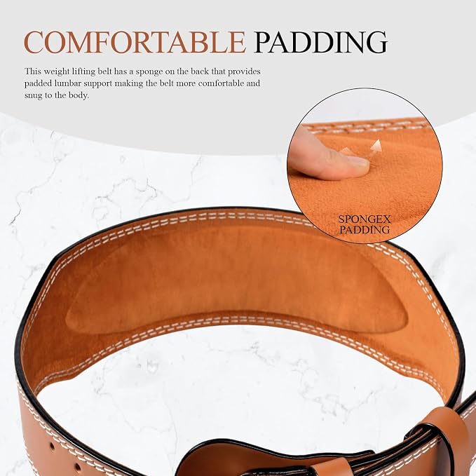 Leather Gym Fitness Belt, 4" & 6" Padded Lumbar Back Support, 10 Adjustable Holes for Weightlifting Powerlifting Bodybuilding Deadlift Squat Workout Strength Training