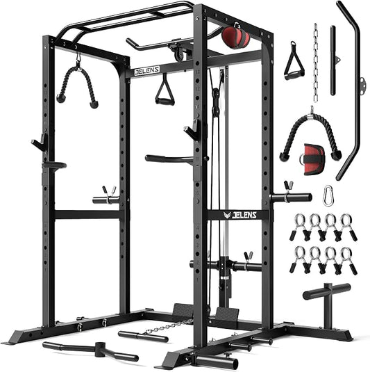 JELENS S21 Power Cage, Multi-Function Power Rack with Adjustable Cable Crossover System, 2000LBS Squat Rack for Home Gym with More Training Attachments