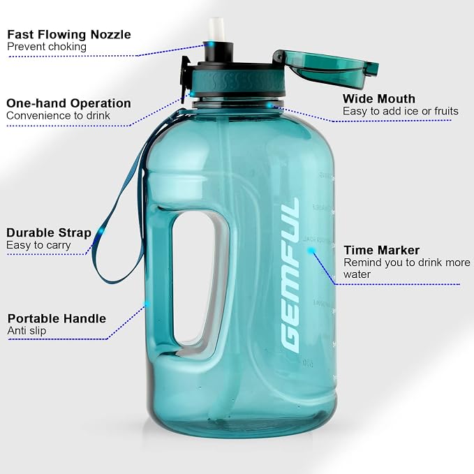 GEMFUL 100oz Big Water Bottle with Straw 3000ml Large Sport Jug (Cyan) | BPA Free, Leak-proof, Time Marker, Wide Mouth for Easy to Clean, Sturdy Handle for Carry, for Gym, Home, Office, Outdoor