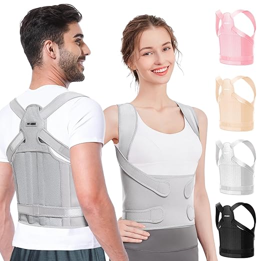 Fit Geno Posture Corrector for Women & Men, Adjustable Upper Back Brace | 4 fiberglass stays with breathable mesh gently pull your shoulders back to correct rounded posture and ease upper back strain