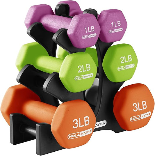 HolaHatha 1, 2 and 3 lb Neoprene Dumbbell Strength Training Weight Set with Rack