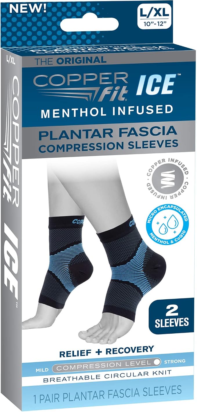Copper Fit ICE Plantar Fascia Compression Foot and Ankle Sleeve Infused with Menthol, 1 Pair