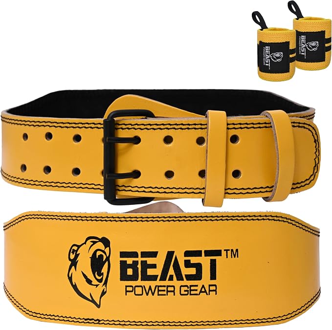 Weight Lifting Belt - 4” Genuine Leather Belts Padded Lower Back Support for Gym Bodybuilding Squat Deadlift Weightlifting Cross Strength Training Men Women Free Wrist Wrap