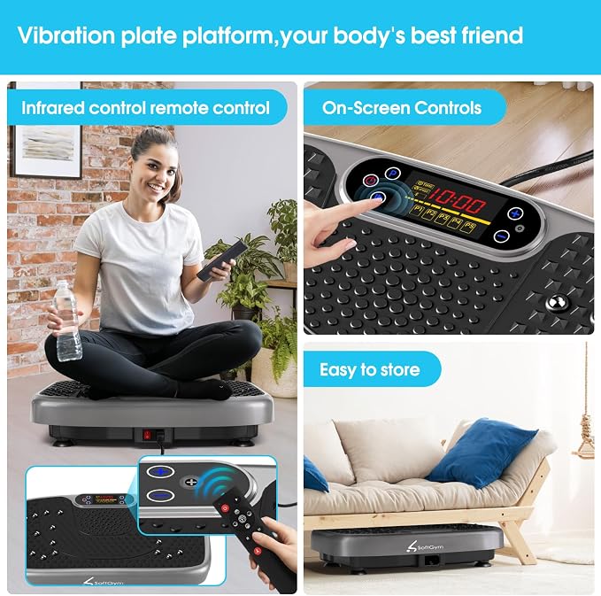 SoftGym Vibration Plate Exercise Machine for Lymphatic Drainage & Fitness | Quiet Heavy Duty 450lbs Capacity Platform, 120 Speeds Shake Machine with Resistance Bands for Home Muscle Activation
