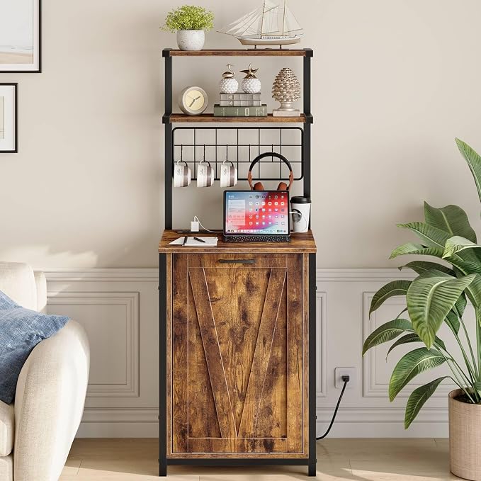 HOOBRO Bakers Rack with Power Outlet, Microwave Stand with Trash Can Storage, 3-Tier Coffee Bar Table with Storage Shelf for Kitchen, Dining Room, Living Room, Rustic Brown and Black BF22UHB01G1