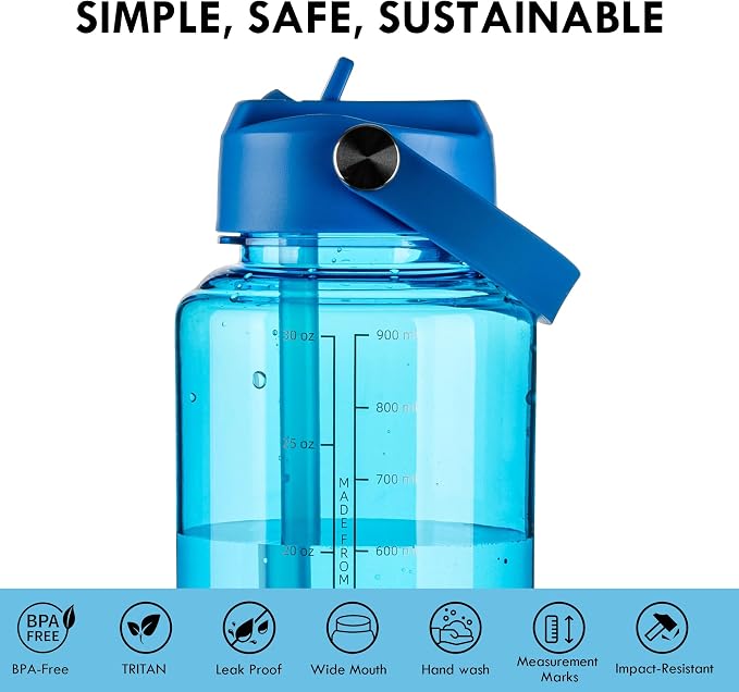 OLDLEY 32oz Water Bottle with Straw,Leakproof Tritan Clear Bottle with Marked Bottle and Carry Handle, BPA-Free Wide Mouth Reusable Sports Water Bottle for Gym,Hiking, Camping, Travel, Workout,Blue