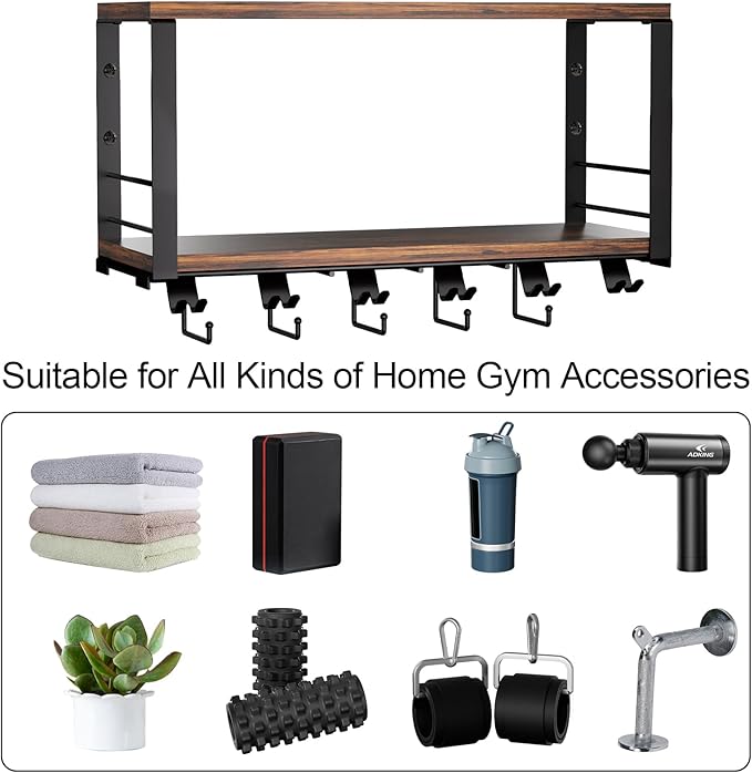 TJ.MOREE 2 Tier Floating Shelf Compatible with Tonal Accessories Wall Mount | Brown Woodeen Home Gym Storage Rack for Fitness Equipment, T-Bracket Lock Adapters Hanger