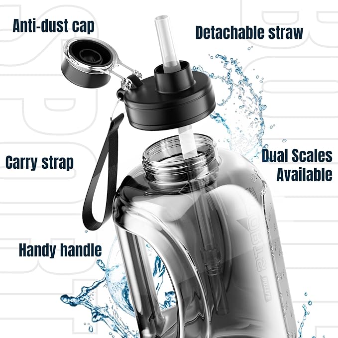 Doseno 60 oz Water Bottle, 1.8 L Big Water Jug with Straw, Handle and Strap | Black 1-pack large plastic gym water jug with handle and strap for drinking during workouts, sports and outdoor activities