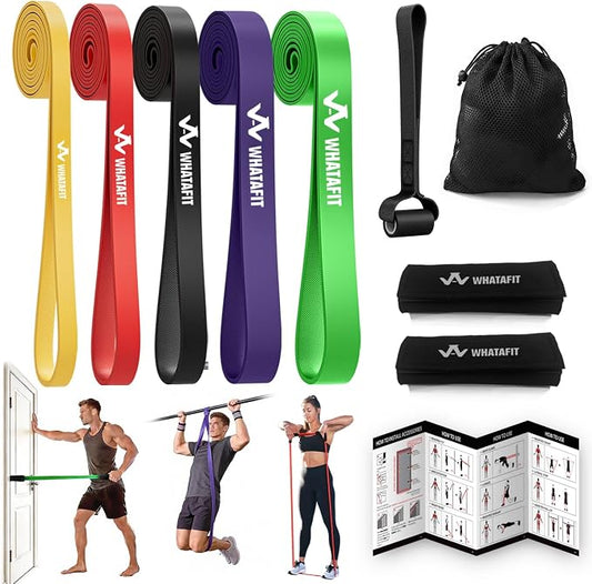 WHATAFIT Resistance Bands, Pull Up Assist Bands with Handles, Door Anchor | Natural Latex Rubber, Progressive Tension, Exercise Loop for Full-Body Fitness, Portable Gym Bag, Warm-Up & Stretch