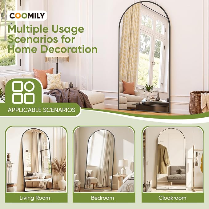 Full Length Mirror 88" L x 44" Full Body Standing Mirror for Bedroom, Living Room, Gym, Dorm - Shatter-Resistant & Easy Assembly, Arched Style Black