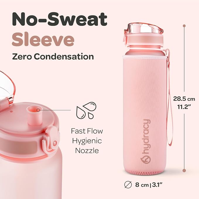 Hydracy Water Bottle with Time Marker -Large 32oz BPA Free & No Sweat Sleeve -Leak Proof Gym Bottle with Fruit Infuser Strainer & Times to Drink -Ideal for Fitness Sports & Outdoors | BPA-Free Tritan, Leakproof Flip-Top Lid,No-Sweat Sleeve,Carry Strap,...