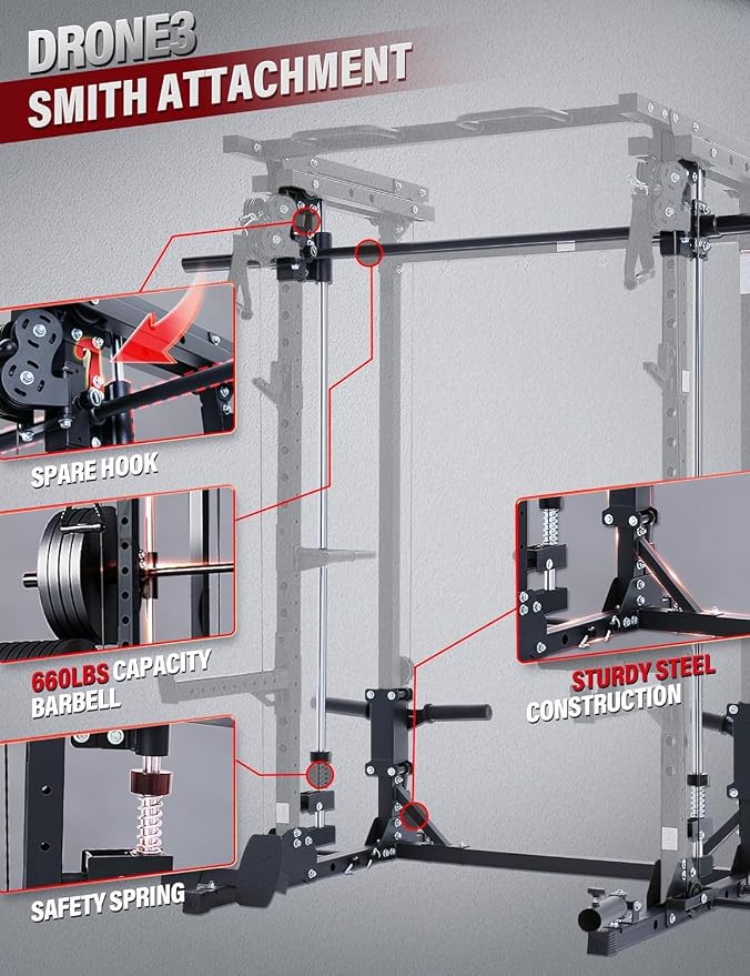 MAJOR FITNESS Drone3 Smith Machine, 2500lbs All-in-One Home Gym Power Rack with Dual Pulley System for Cable Crossover, Pull-Up Bars