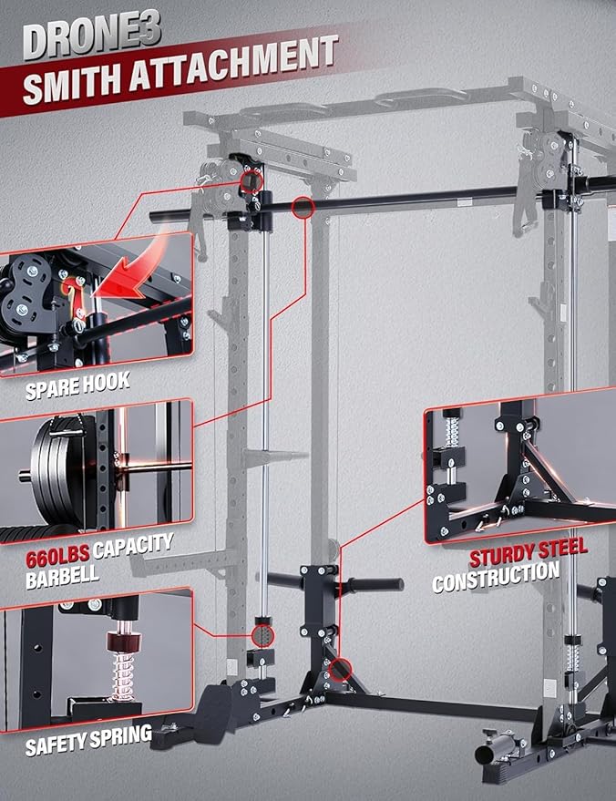 MAJOR FITNESS Drone3 Smith Machine, 2500lbs All-in-One Home Gym Power Rack with Dual Pulley System for Cable Crossover, Pull-Up Bars