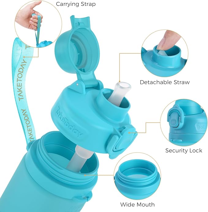 TakeToday Collapsible Water Bottles 21oz (600mL), Foldable Platinum Silicone Travel Water Bottle with Straw & Carry Strap, Leak-Resistant Screw Lid, Wide Mouth, BPA-Free for Hiking, Camping, Travel