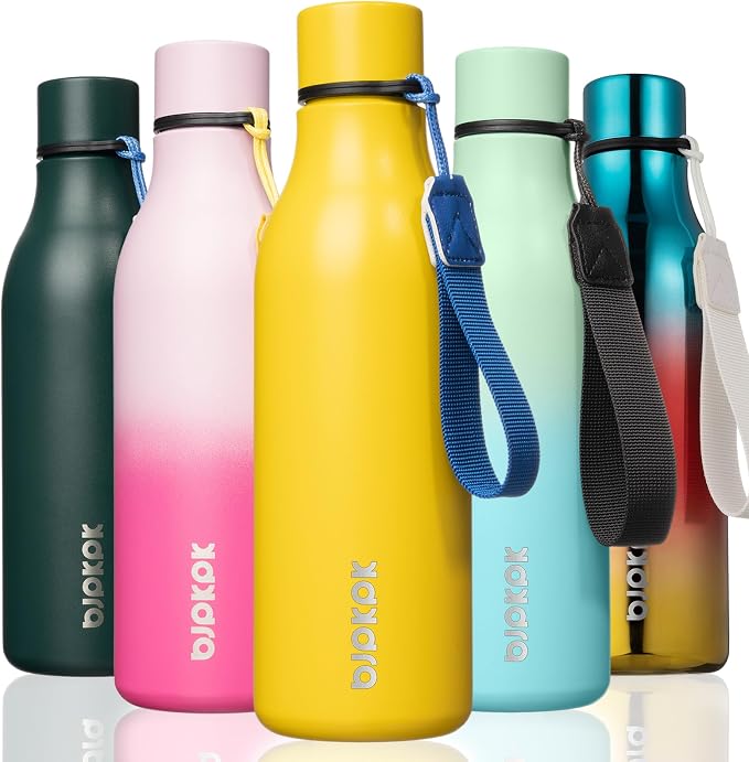 BJPKPK 18oz Insulated Water Bottle, Stainless Steel Bottle with Carry Strap | Keep Cold & Hot Vacuum Insulation, Leak-Proof BPA-Free Design, Slim Bottle Fits Most Cup Holders for Gym, Office & Travel