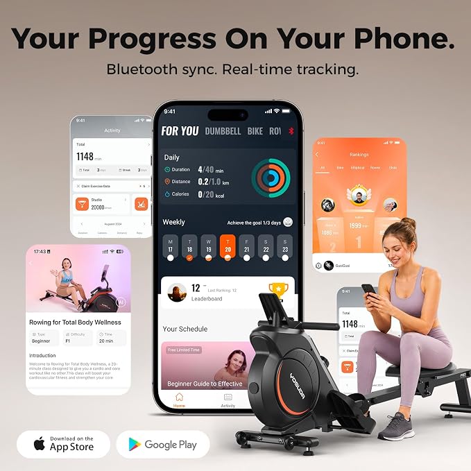YOSUDA Rowing Machine for Home, Magnetic Rower Machine for Beginners to Athletes, Use with Resistance Adjustment Function, Bluetooth, App Supported, LCD Monitor, and Comfortable Seat Cushion