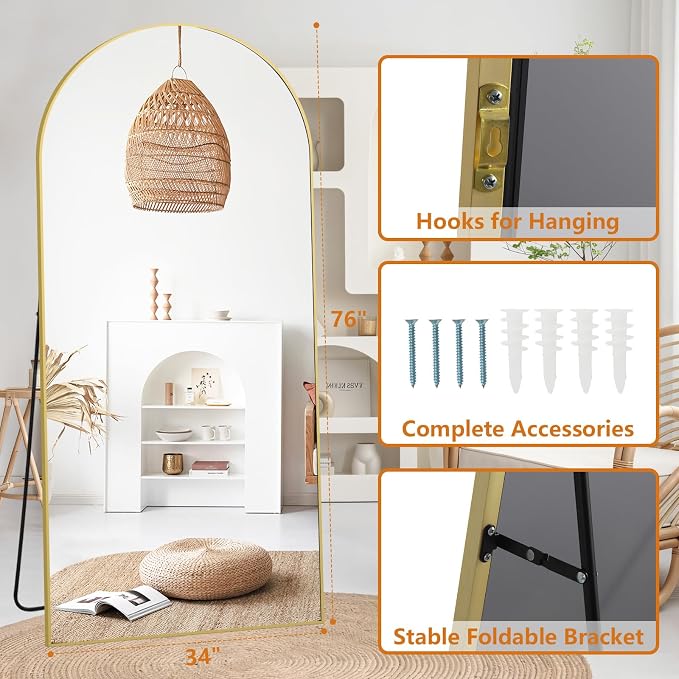 Arched Full Length Mirror, 76"x34" Oversized Floor Mirror, Gold | Free Standing, Tempered Glass, for Bedroom Living Room Gym, Leaning Wall, Hanging