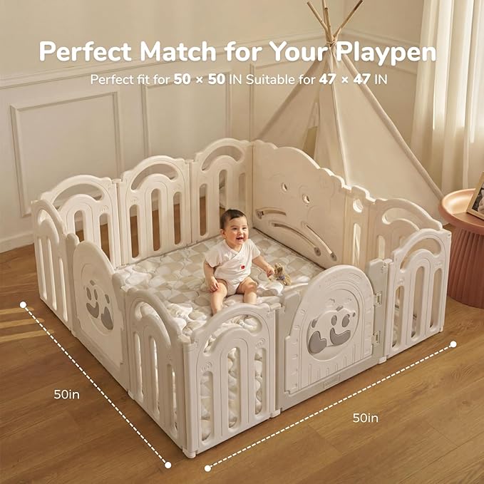 Momcozy Baby Play Mat for Floor, 50"x50" Thickened Playpen Mat | Playmate for Baby Tummy Time, Waterproof & Non-Slip, Foldable Outdoor Mat with Carrying Handle, Khaki Plaid