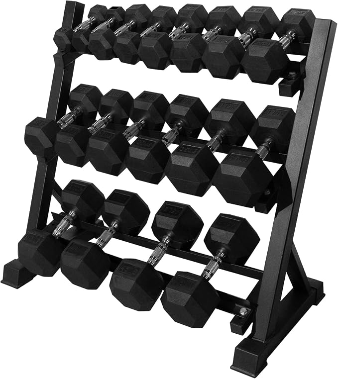 RitFit Rubber Hex Dumbbell Set with Storage Weight Rack | Rubber Heavy-Duty Coated Cast Iron, Knurled Chrome Handle, Space-Saving Storage for Home Gym Strength Training