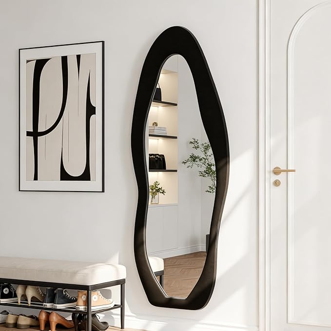Full Length Mirror, 63"x24" Wavy Full Body Mirror Flannel | Flannel Floor Mirrors with Stand, Irregular Wavy Mirror Hanging or Leaning Against Wall for Bedroom Living Room, Black